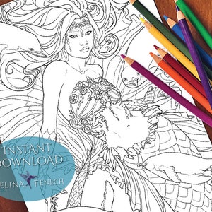 Malvorlagen Prinzessin und Pinguine, Meerjungfrauen und Tiergefährten/Digi Stamp Fantasy zum Ausdrucken zum Herunterladen von Selina Fenech