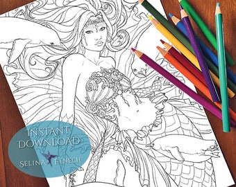 Princess and Penguins Mermaids and Animal Companions Coloring Page/Digi Stamp Fantasy Printable Download by Selina Fenech