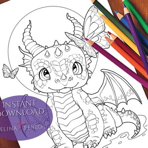 Página para colorear de Baby Dragon Winged Magic/Digi Stamp Fantasy Descarga imprimible por Selina Fenech