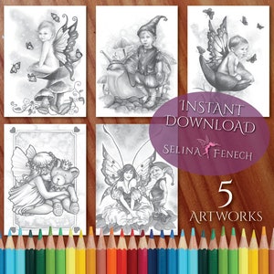 Fairy Art Grayscale Fairy Babies and Goblins Coloring Page/Digi Stamp Fantasy Descarga imprimible por Selina Fenech