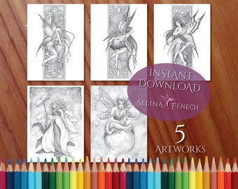 Fairy Art Grayscale Beautiful Fairies Coloring Page/Digi Stamp Fantasy Printable Download by Selina Fenech