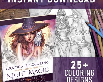 Magia Nocturna - Diseños para colorear en escala de grises para Halloween (página/imprimible de fantasía con sellos digitales) de Selina Fenech