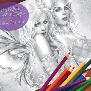 Silver Sisters Fairy Companions Página para colorear en escala de grises/Digi Stamp Fantasy Descarga imprimible por Selina Fenech