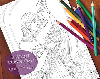 Coventina Goddess and Mythology Coloring Page/Digi Stamp Fantasy Printable Download by Selina Fenech