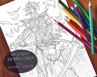 Lord of Death Dark Fantasy Coloring Page/Digi Stamp Fantasy Printable Download by Selina Fenech