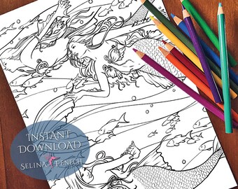 May include: Black and white line art illustration of two mermaids swimming underwater, surrounded by fish and bubbles. The image is a coloring page with the text "INSTANT DOWNLOAD" and "Selina Fenech". Colored pencils are visible in the background.