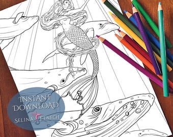 May include: A black and white coloring page featuring a mermaid with flowing hair, a whale, and a fish. The mermaid is swimming with her tail extended. The whale is swimming below the mermaid. The fish is swimming in the background. The words "Instant Download" and "Selina Fenech" are printed at the bottom of the page.
