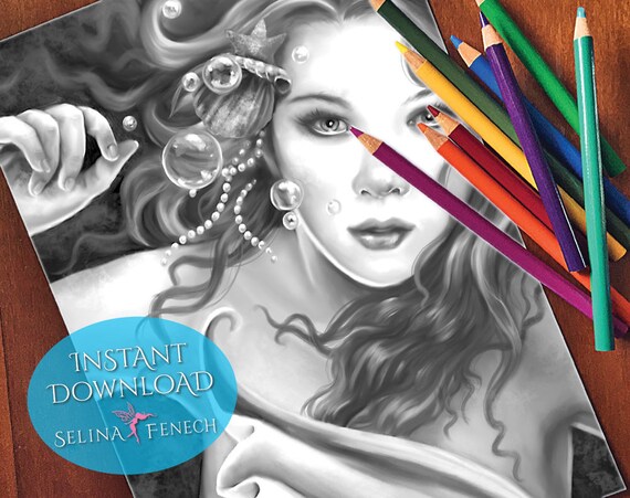 Download Indigo Mermaid And Shells Grayscale Coloring Page Digi Stamp Etsy