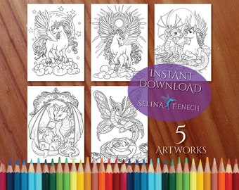 Cute Unicorns and Dragons Coloring Page/Digi Stamp Fantasy Printable Download by Selina Fenech