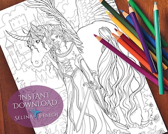 Unicorn Protector Unicorns and Dragons Coloring Page/Digi Stamp Fantasy Printable Download by Selina Fenech