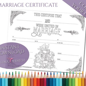 Certidão de casamento, página para colorir, fada do beijo encantado, Digi Stamp Fantasy, download para impressão por Selina Fenech