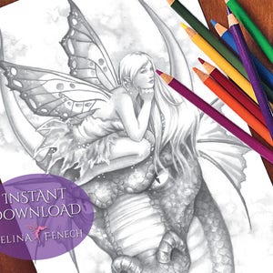 Drache Feen Rosa Fee Gefährten Graustufen Färbung Seite/Digi Stamp Fantasy Printable Download von Selina Fenech