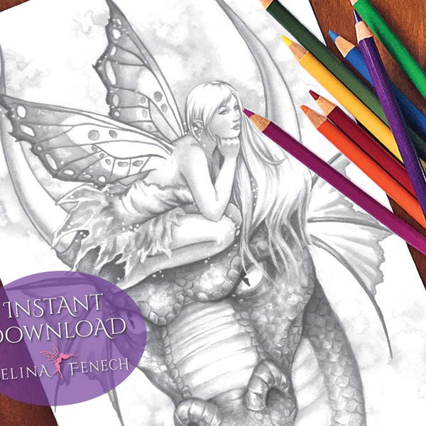 Dragon Fae Pink Fairy Companions Grayscale Coloring Page/Digi Stamp Fantasy Printable Download by Selina Fenech