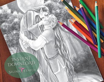 Moonlit Kiss Enchanted Magical Forests Grayscale Coloring Page/Digi Stamp Fantasy Printable Download by Selina Fenech