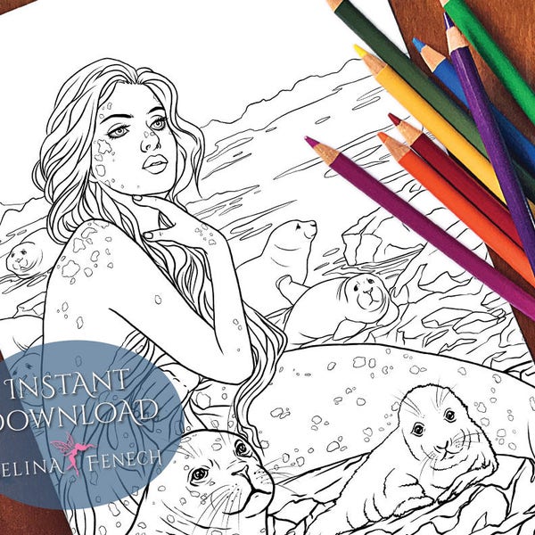 Selkie Mermaids Calm Ocean Coloring Page/Digi Stamp Fantasy Printable Download by Selina Fenech