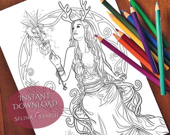 May include: A black and white line art coloring page featuring a woman with antlers and long hair, holding a gift box. A fairy with wings is flying above her. The text "Instant Download" and "Selina Fenech" is at the bottom of the page.