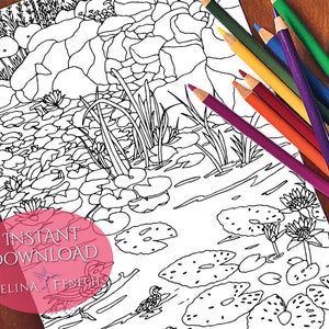 Página para colorir de patos Lily Pad, lagos e flores / Digi Stamp Fantasy para impressão, download por Selina Fenech
