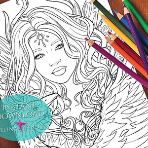 Phoenix Fairy Fairy Portraits Coloring Page/Digi Stamp Fantasy Téléchargement imprimable par Selina Fenech