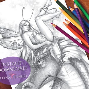 Dragon Fae Blue Fairy Companions Página para colorir em escala de cinza / Digi Stamp Fantasy para impressão, download por Selina Fenech