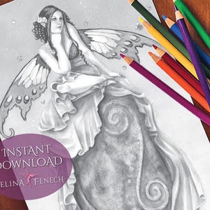 Far Far Away Fairy Art Grayscale Coloring Page/Digi Stamp Fantasy Printable Download by Selina Fenech