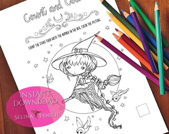 Faedorables Activity Witch Counting Coloring Page/Digi Stamp Fantasy Printable Download by Selina Fenech