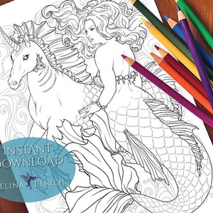 Sus sirenas del hipocampo y sus compañeros animales para colorear Página/Digi Stamp Fantasy Descarga imprimible por Selina Fenech
