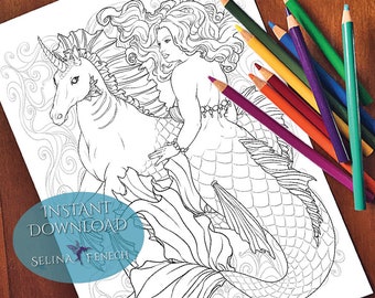 Sus sirenas del hipocampo y sus compañeros animales para colorear Página/Digi Stamp Fantasy Descarga imprimible por Selina Fenech
