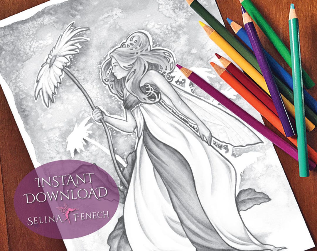 Daisy Fairy Art Grayscale Coloring Page/digi Stamp Fantasy Printable Download by Selina Fenech