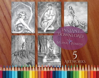 Página para colorear gótica victoriana en escala de grises/Digi Stamp Fantasy Descarga imprimible por Selina Fenech
