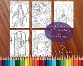 Gothic Angels and Fairies Night Magic Halloween Coloring Page/Digi Stamp Fantasy Printable Download by Selina Fenech