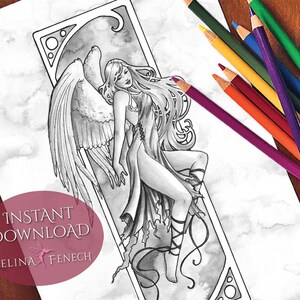 Nouveau Angel Joy Festive Magic Grayscale Coloring Page/Digi Stamp Fantasy Printable Download by Selina Fenech
