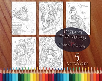 Dark Fantasy Gothic Vampires and Dragons Coloring Page/Digi Stamp Fantasy Printable Download by Selina Fenech