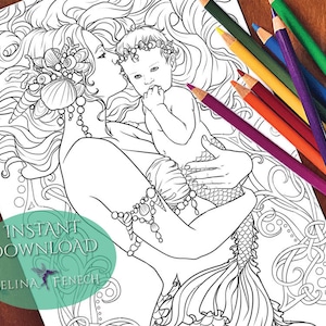 Bebé amor sirena magia fantasía arte colorear página/Digi Stamp fantasía imprimible descargar por Selina Fenech