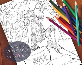 Jinxed Gothic Dark Fantasy Witch Coloring Page/Digi Stamp Fantasy Printable Download by Selina Fenech