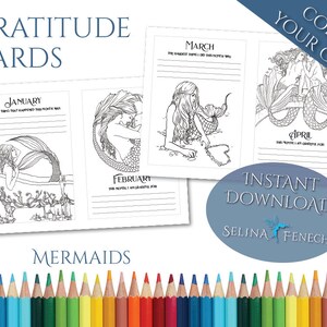Mermaid Dankbarkeit Karten Färbung Seite/Digi Stamp Fantasy Printable Download von Selina Fenech