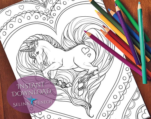 Heart Magic Unicorn Coloring Page Digi Stamp Fantasy Printable Etsy