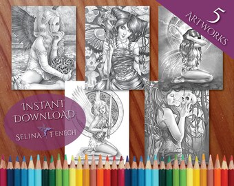 Gothic Angels and Fairies Grayscale Coloring Page/Digi Stamp Fantasy Printable Download by Selina Fenech