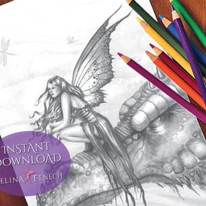 Dragon Skies Fairy Companions Graustufen-Malseite/Digi-Stempel-Fantasy-Download zum Ausdrucken von Selina Fenech