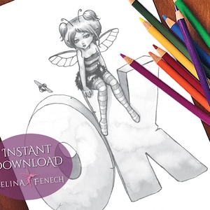 Página para colorir Little Bee OK Fairy Art em escala de cinza / Digi Stamp Fantasy para impressão, download por Selina Fenech