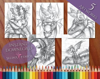 Beautiful Fairies and Dragons Grayscale Coloring Page/Digi Stamp Fantasy Printable Download by Selina Fenech
