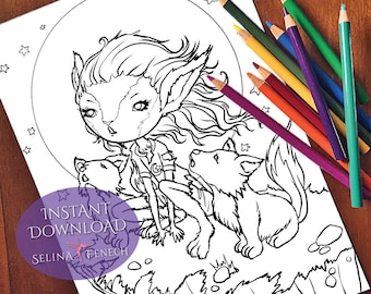 Wolf Pack Faedorables Cute and Creepy Coloring Page/Digi Stamp Fantasy Printable Download by Selina Fenech
