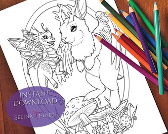 Fairy Dragon and Wolpertinger Winged Magic Coloring Page/Digi Stamp Fantasy Printable Download by Selina Fenech
