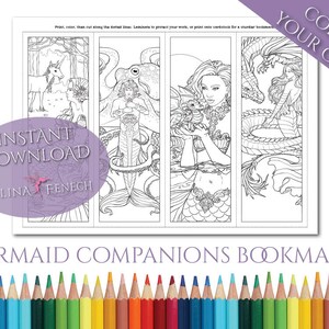 Lesezeichen „Meerjungfrau-Gefährten“ Malseite/Digi-Stempel Fantasy zum Ausdrucken zum Download von Selina Fenech