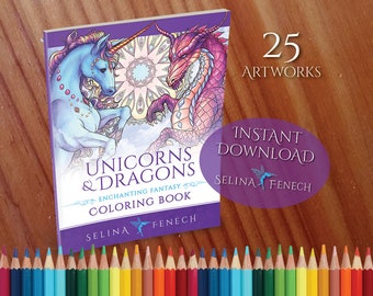 Unicorns and Dragons Coloring Collection Coloring Page/Digi Stamp Fantasy Printable Download by Selina Fenech