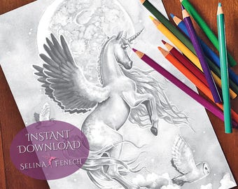 Moonshine Unicorn Sisters Fairy Art Grayscale Coloring Page/Digi Stamp Fantasy Printable Download by Selina Fenech