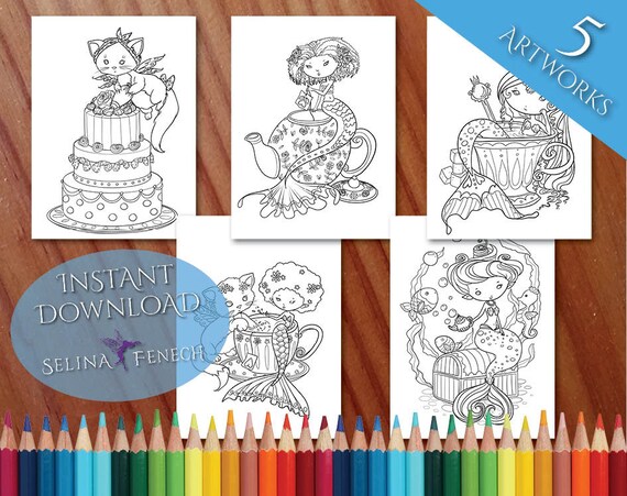 Mermaids and Kittens Fantasy Tea Party Faedorables Coloring | Etsy
