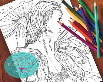 Toadstool Princess Fairy Portraits Coloring Page/Digi Stamp Fantasy Printable Download by Selina Fenech