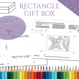 May include: A printable template for a rectangle gift box with a butterfly and rose design. The template includes instructions for assembling the box and a note that it is an instant download. The text "Color Your Own" is written in a purple circle.