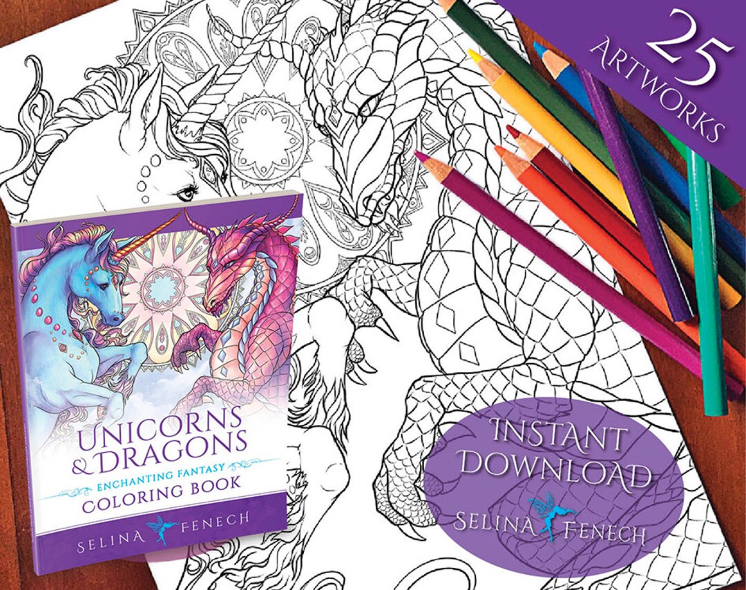 Unicorns and Dragons Coloring Collection Coloring Page/digi - Etsy