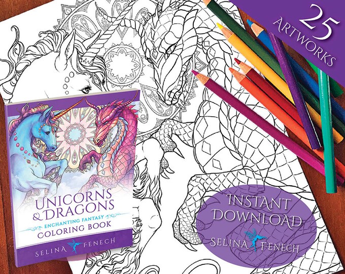 Unicorns and Dragons Coloring Collection Coloring Page/digi | Etsy
